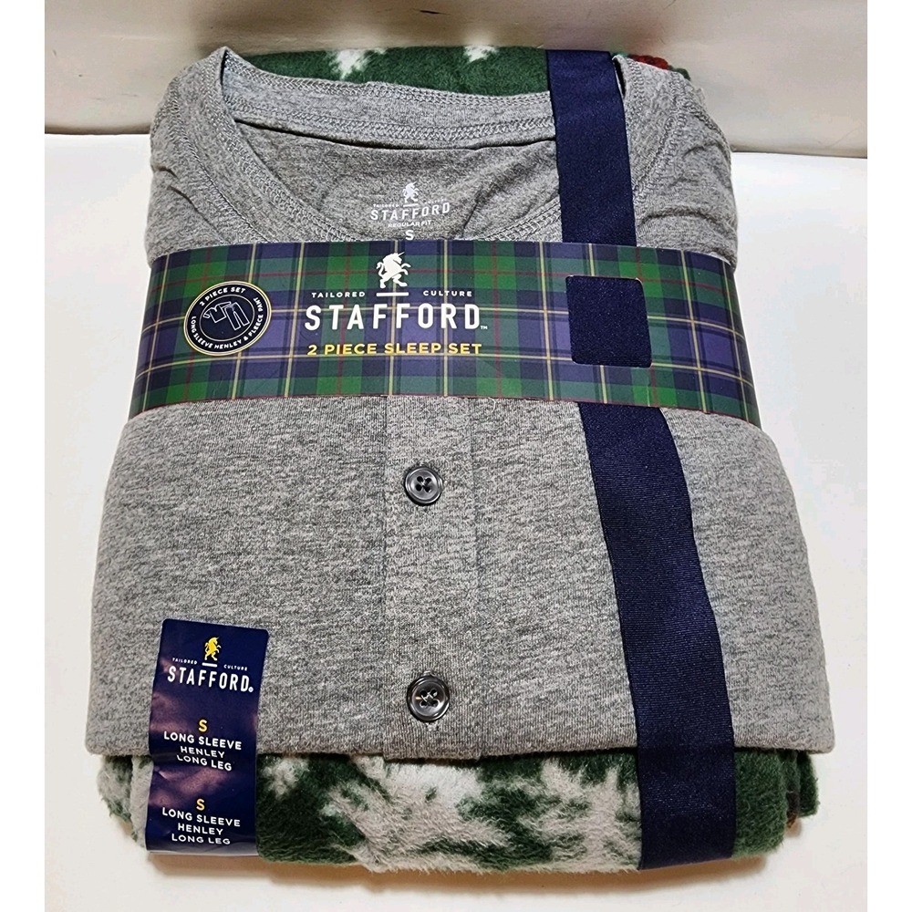 Stafford Pajama Set Mens Small Gray Henley Fleece Bear Print Pants Sleepwear NWT